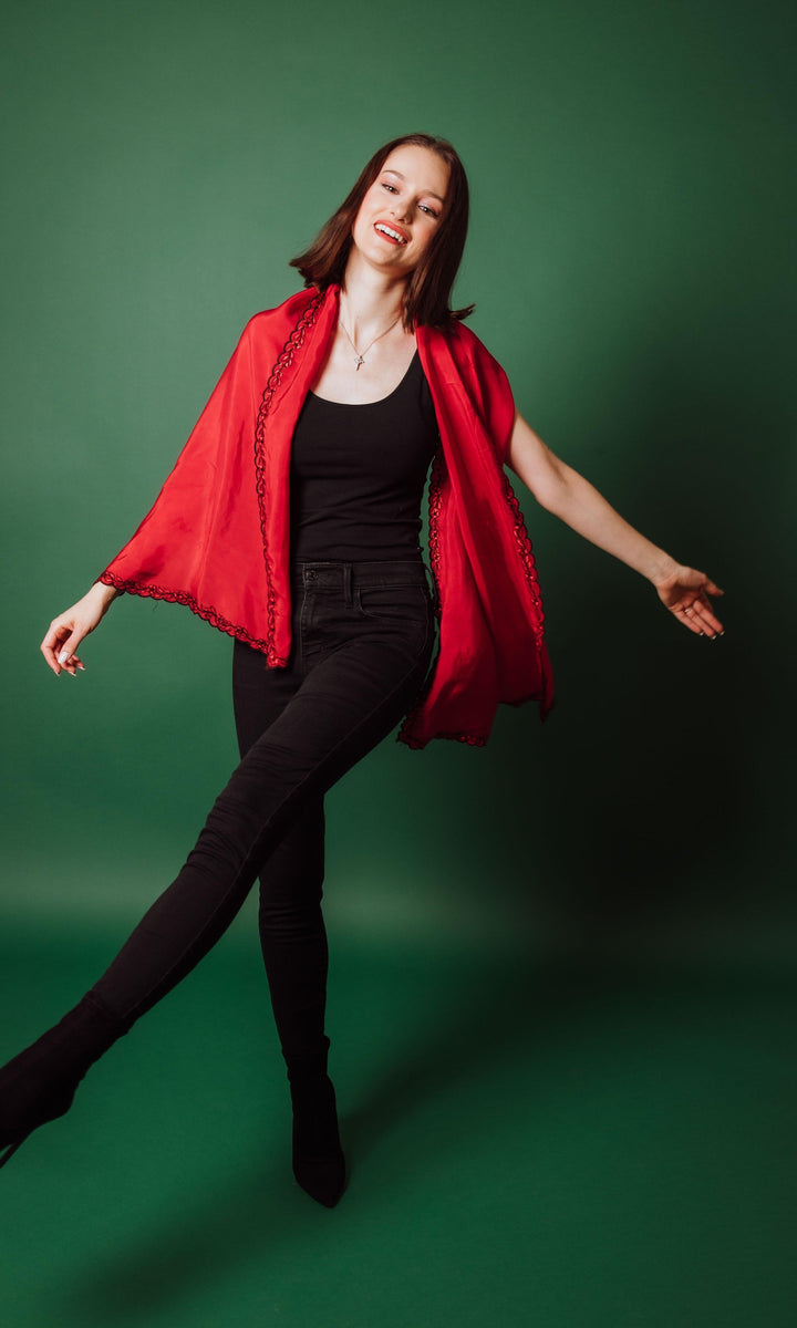 Garnet Red Silk Scarf with Embroidery - Raas