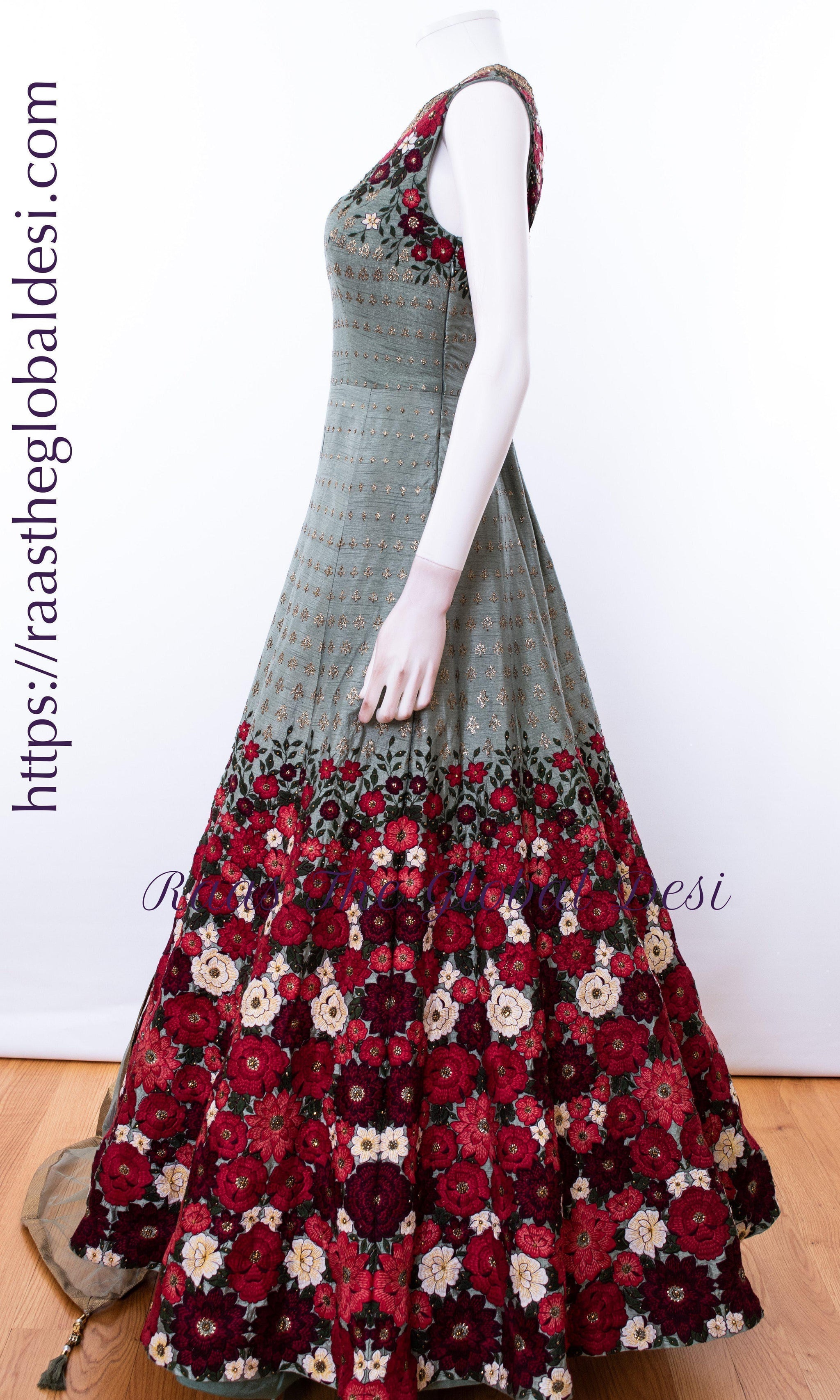 Buy Indian Black Multi Embroidered Flared Anarkali Gown Set for