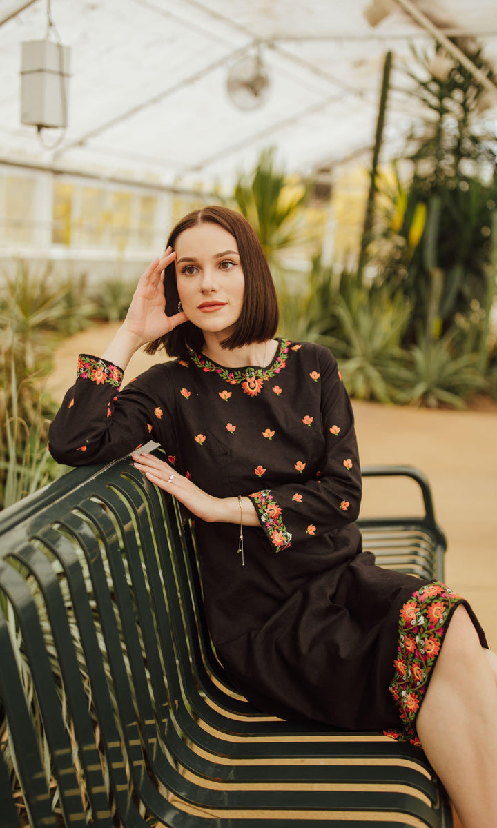 Black Cotton Full Sleeveless Midi Dress with Embroidery - dresses