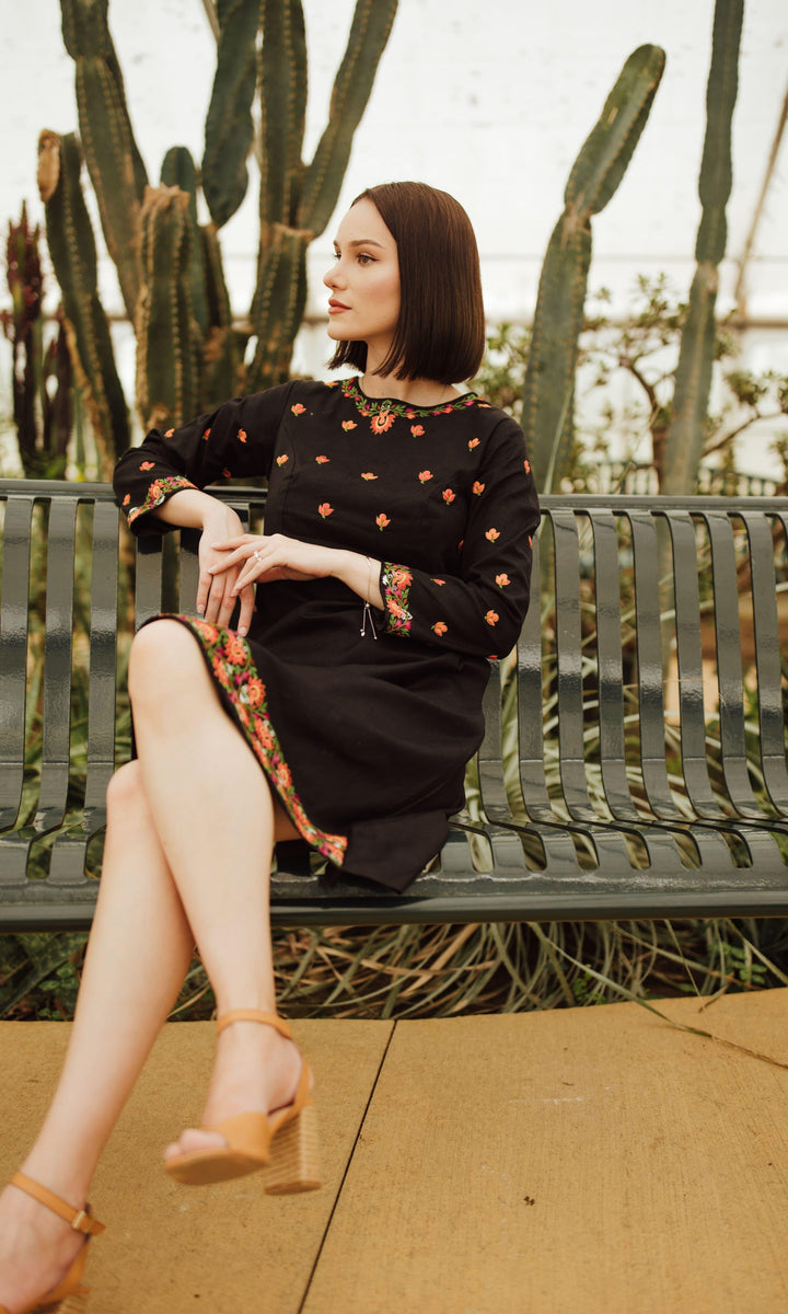 Black Cotton Full Sleeveless Midi Dress with Embroidery - dresses