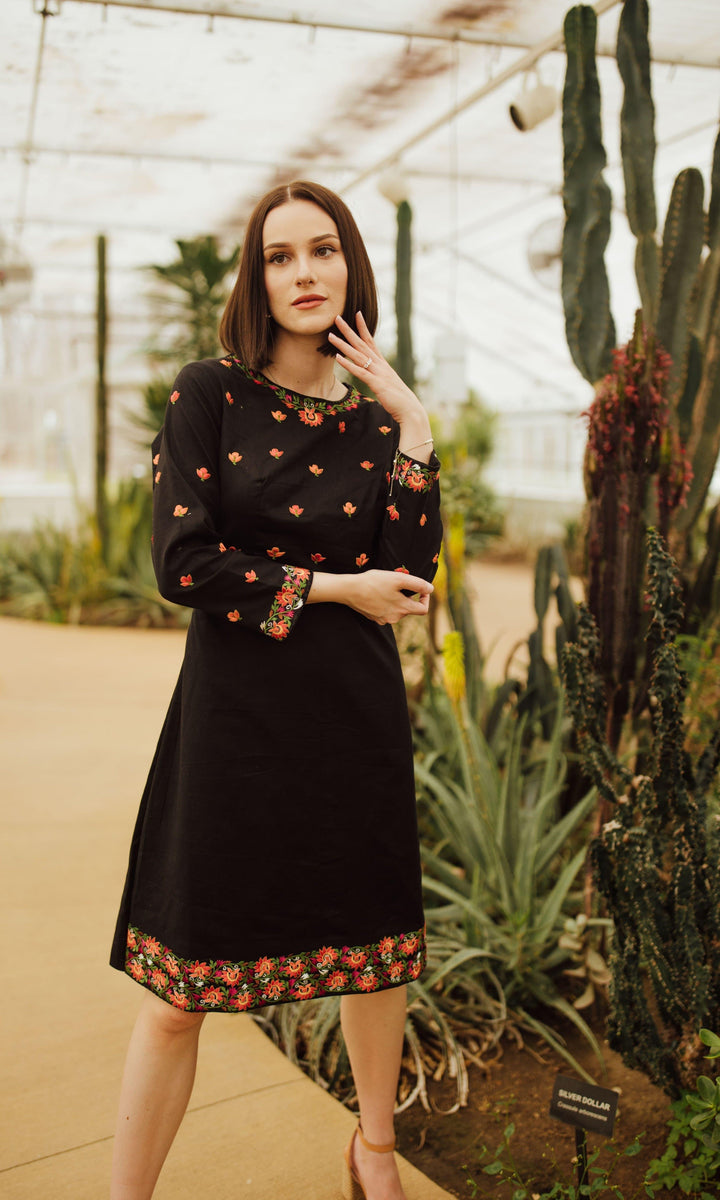Black Cotton Full Sleeveless Midi Dress with Embroidery - dresses
