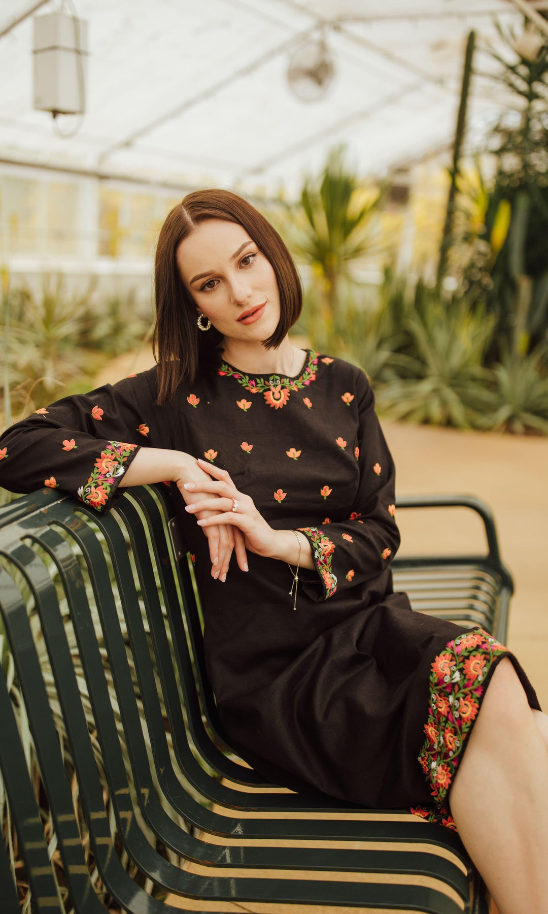 Black Cotton Full Sleeveless Midi Dress with Embroidery - dresses