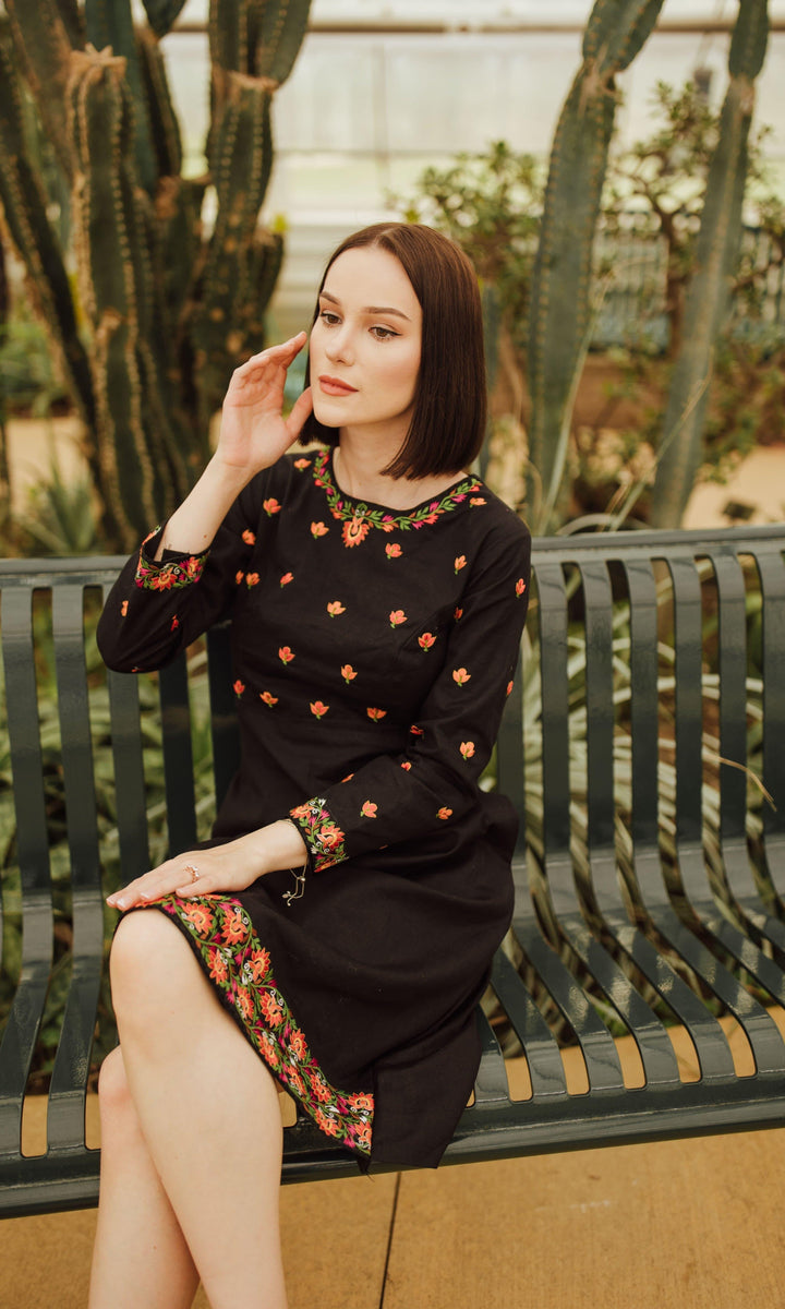 Black Cotton Full Sleeveless Midi Dress with Embroidery - dresses