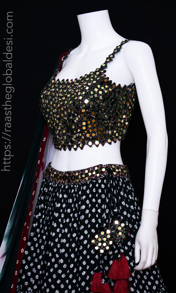 CC3270 Green mirror work lehenga - Chaniya choli