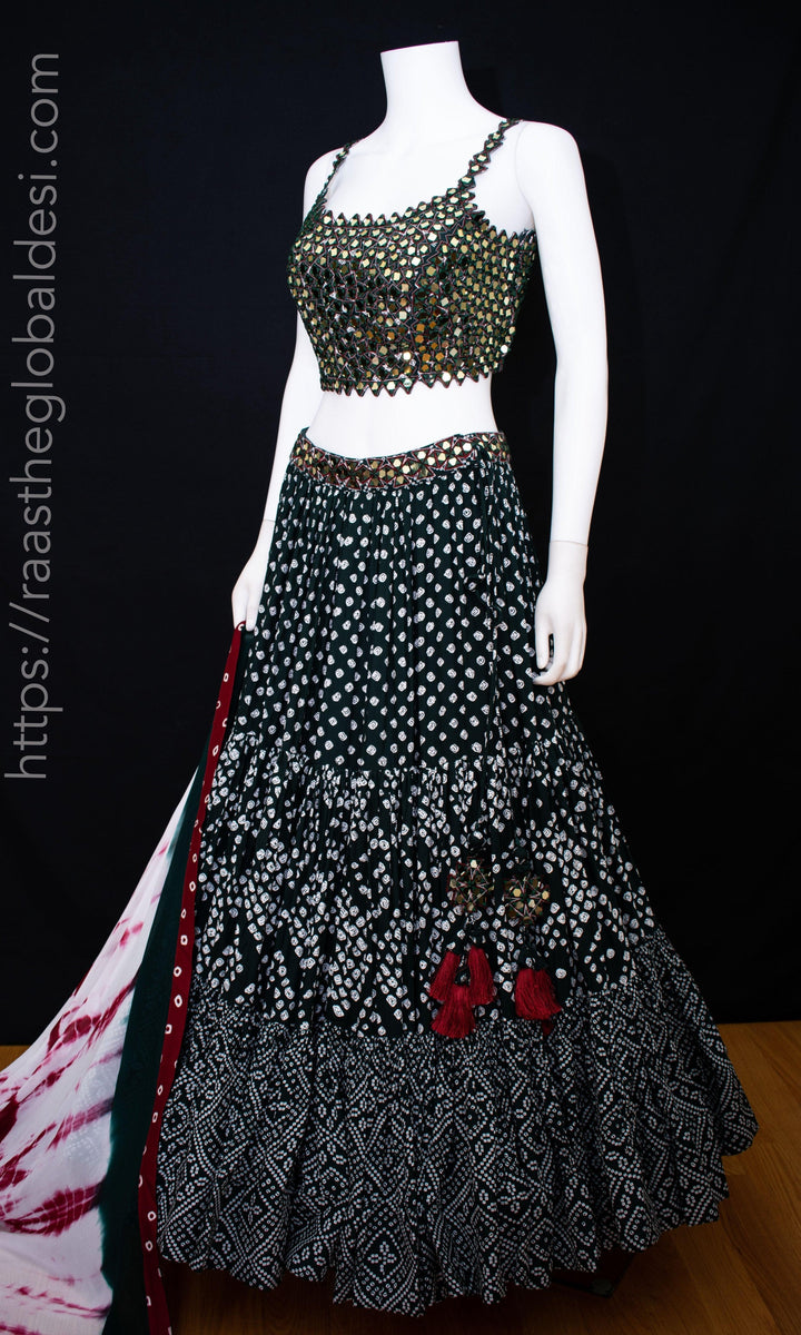 CC3270 Green mirror work lehenga - Chaniya choli